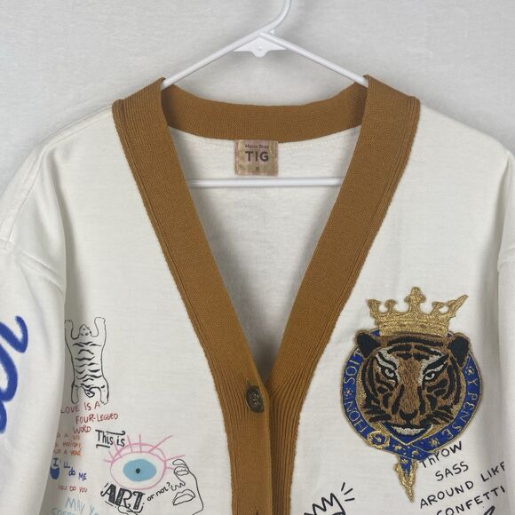 Tig x Maria Braz Cardigan Sweater Womens Large Embroidered Tiger Crest Rare - Picture 3 of 10